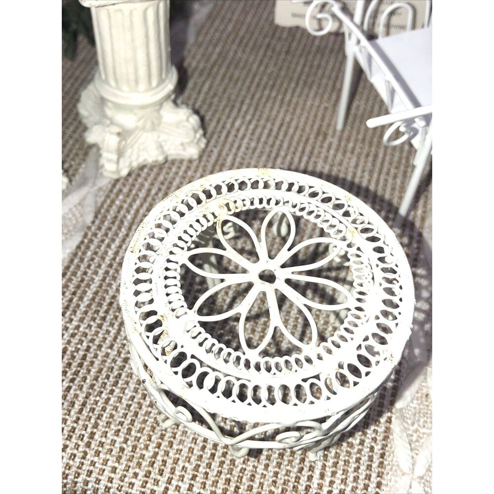 6 Pcs Miniatures White Metal Flower Cart, 2 Pedestals, Metal Chair and 2 Tables - Picture 6 of 16